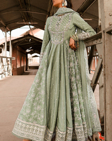 MNR | Sage Green Silk Embroidered Pishwas Chooridar
