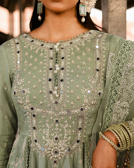 MNR | Sage Green Silk Embroidered Pishwas Chooridar