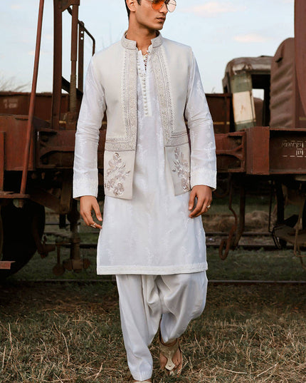 Qamar | Luxury Karandi White Kurta Set
