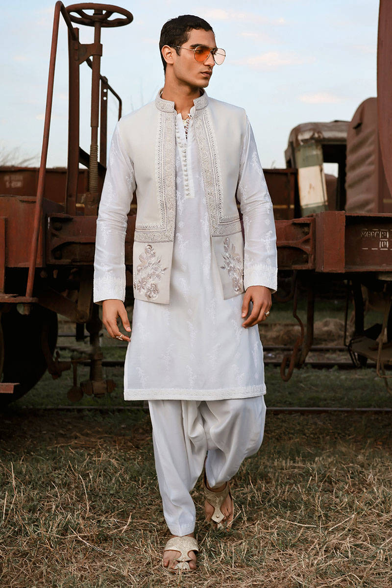 Qamar | Luxury Karandi White Kurta Set