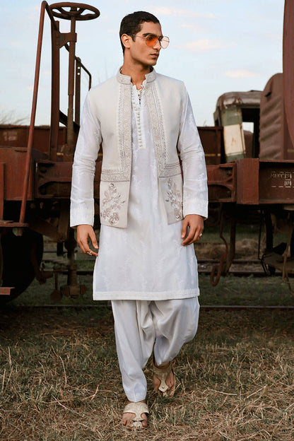 Qamar | Luxury Karandi White Kurta Set