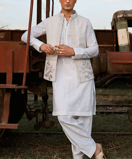 Qamar | Luxury Karandi White Kurta Set