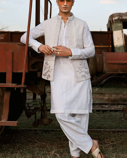 Qamar | Luxury Karandi White Kurta Set