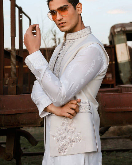 Qamar | Luxury Karandi White Kurta Set