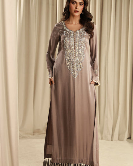 Celestial Pearl | Grey Silk Embellished Kaftan