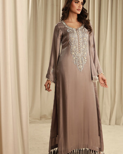 Celestial Pearl | Grey Silk Embellished Kaftan