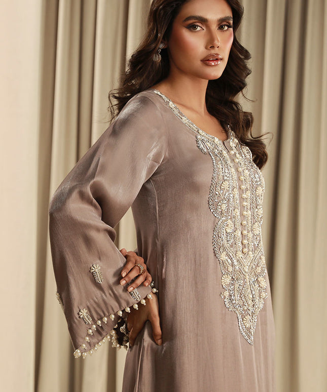 Celestial Pearl | Grey Silk Embellished Kaftan