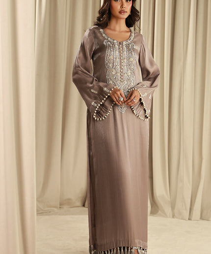 Celestial Pearl | Grey Silk Embellished Kaftan
