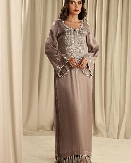 Celestial Pearl | Grey Silk Embellished Kaftan
