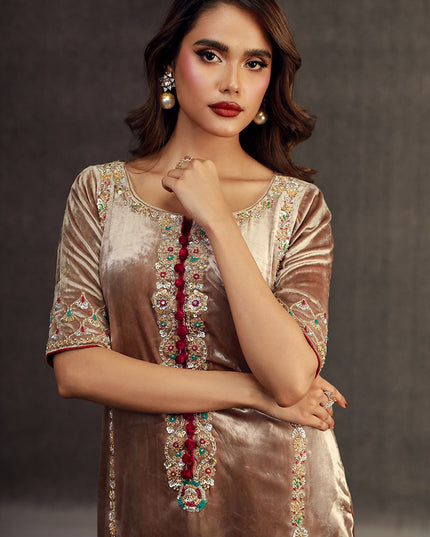 Celestial Pearl | Champaign Velvet Embellished Suit