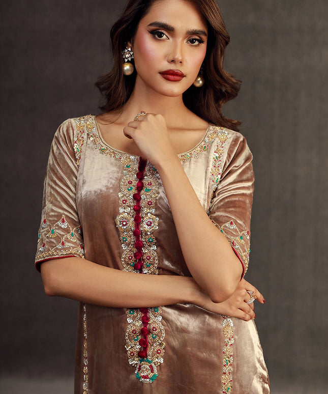 Celestial Pearl | Champaign Velvet Embellished Suit