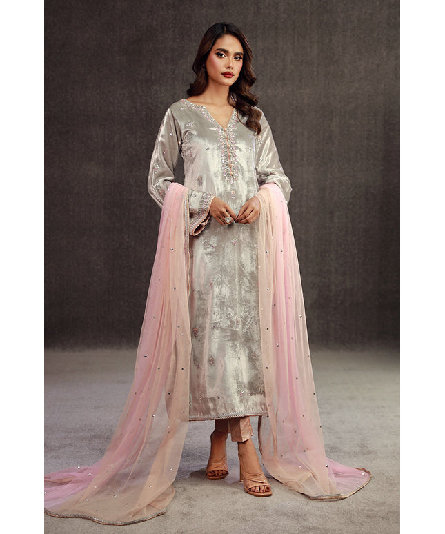 JIBA | Silver Grey Velvet Embellished Suit