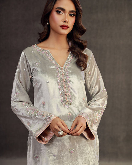 JIBA | Silver Grey Velvet Embellished Suit
