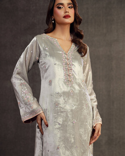 JIBA | Silver Grey Velvet Embellished Suit