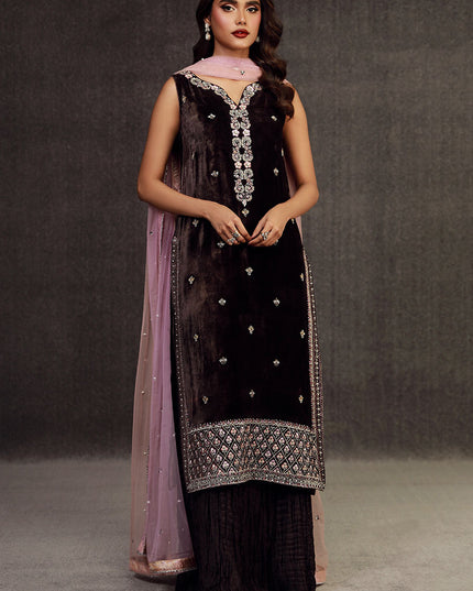 ILHAM | Chocolate Brown Velvet Embellished Suit