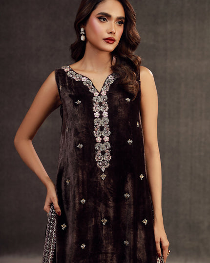 ILHAM | Chocolate Brown Velvet Embellished Suit