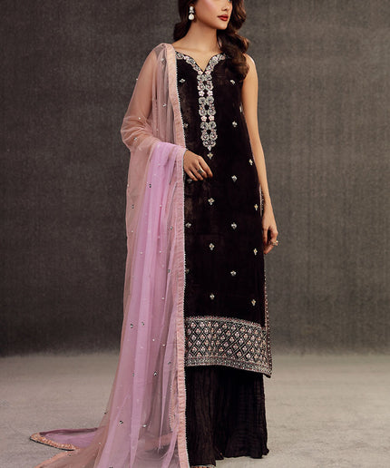 ILHAM | Chocolate Brown Velvet Embellished Suit