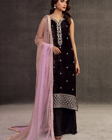 ILHAM | Chocolate Brown Velvet Embellished Suit