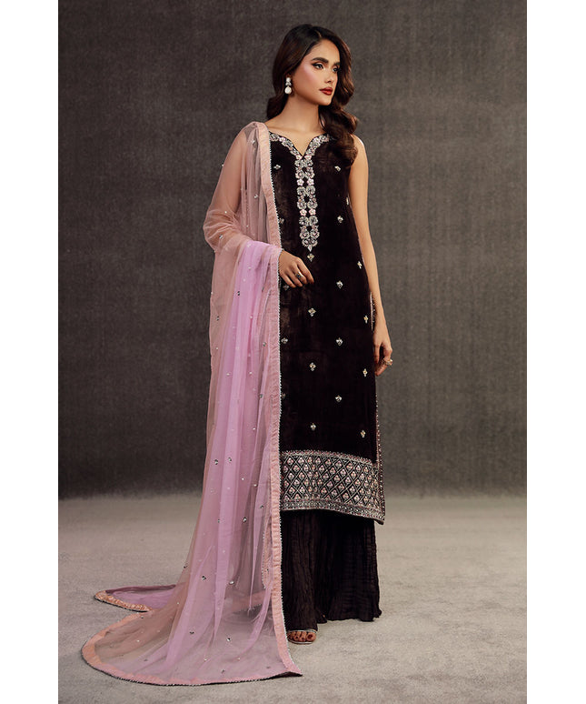 ILHAM | Chocolate Brown Velvet Embellished Suit