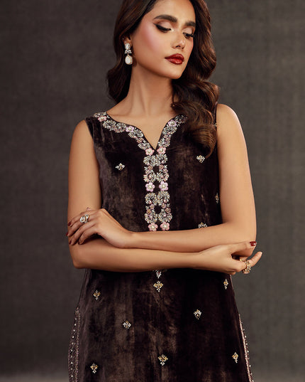 ILHAM | Chocolate Brown Velvet Embellished Suit