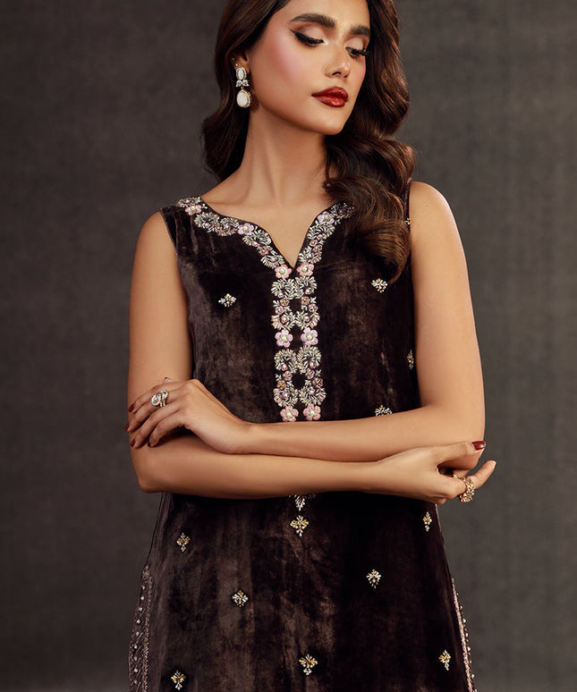 ILHAM | Chocolate Brown Velvet Embellished Suit