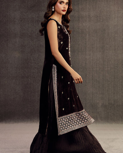 ILHAM | Chocolate Brown Velvet Embellished Suit