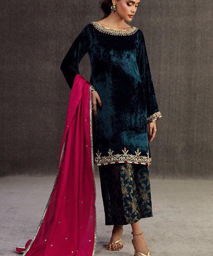 MIRWA | Teal Blue Velvet Embellished Suit
