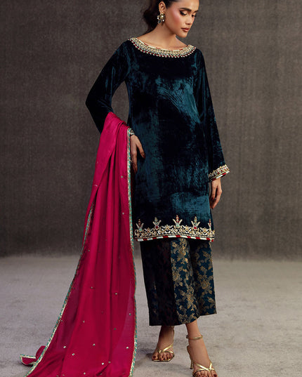MIRWA | Teal Blue Velvet Embellished Suit