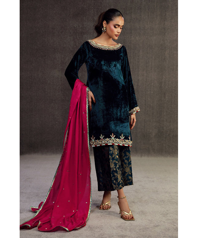 MIRWA | Teal Blue Velvet Embellished Suit