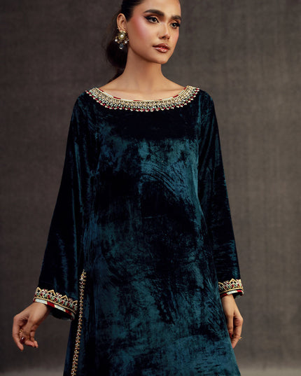 MIRWA | Teal Blue Velvet Embellished Suit
