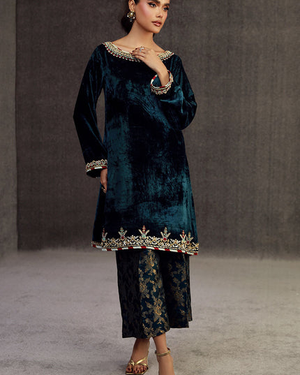 MIRWA | Teal Blue Velvet Embellished Suit
