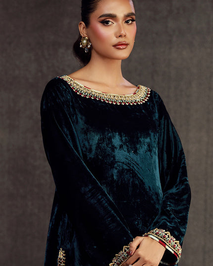 MIRWA | Teal Blue Velvet Embellished Suit