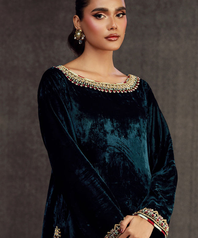 MIRWA | Teal Blue Velvet Embellished Suit