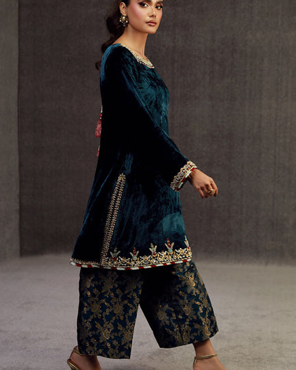 MIRWA | Teal Blue Velvet Embellished Suit