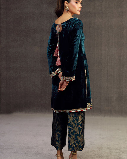 MIRWA | Teal Blue Velvet Embellished Suit