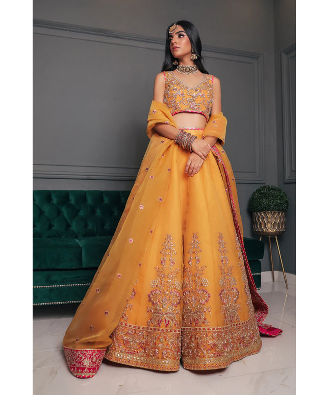 Sanni | Mustrard Pure Organza Hand Embellished Lehenga