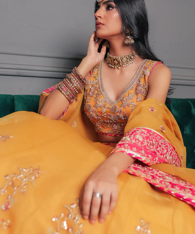 Sanni | Mustrard Pure Organza Hand Embellished Lehenga