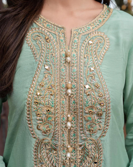 Zareen | Mint Green Khaddi Silk Embroidered Suit