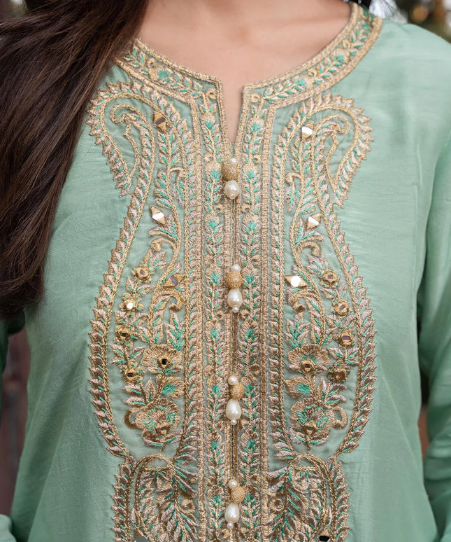 Zareen | Mint Green Khaddi Silk Embroidered Suit