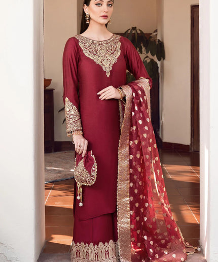 Shireen | Red Khaddi Silk Embroidered Suit