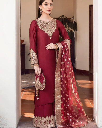 Shireen | Red Khaddi Silk Embroidered Suit