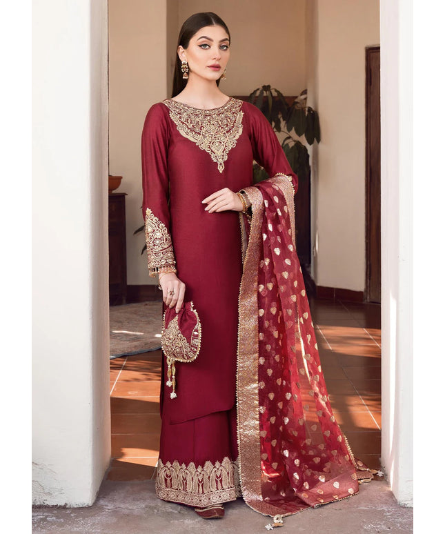 Shireen | Red Khaddi Silk Embroidered Suit