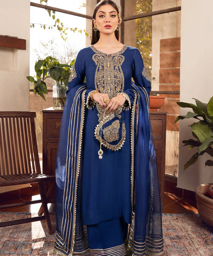 Sonia | Blue Khaddi Silk Embroidered Suit