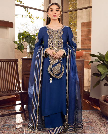 Sonia | Blue Khaddi Silk Embroidered Suit