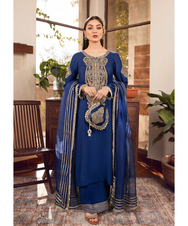Sonia | Blue Khaddi Silk Embroidered Suit