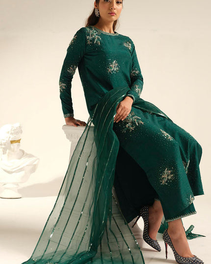 Carol | Green Korean Silk Embellished Suit