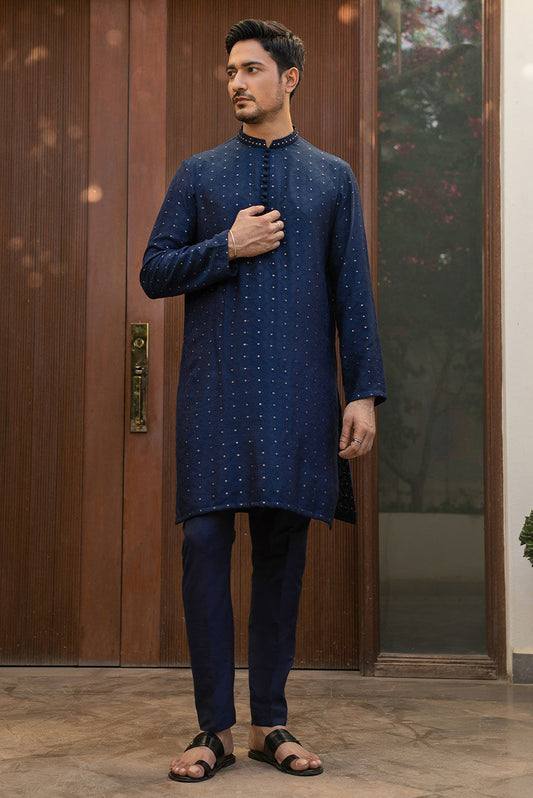 Luxury Royal Blue Silk Embroidered Kurta Pajama Set