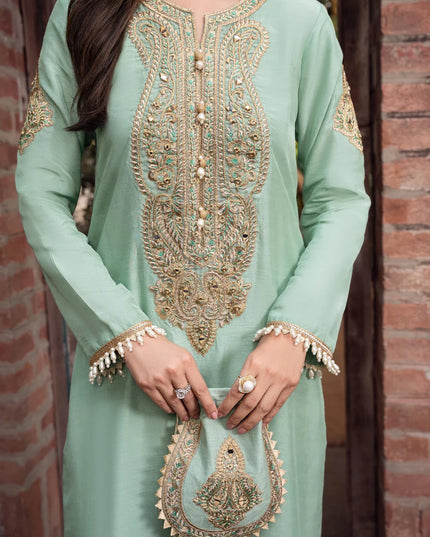 Zareen | Mint Green Khaddi Silk Embroidered Suit