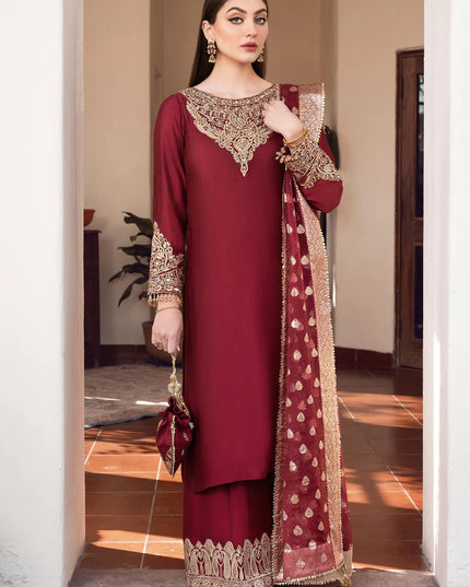 Shireen | Red Khaddi Silk Embroidered Suit