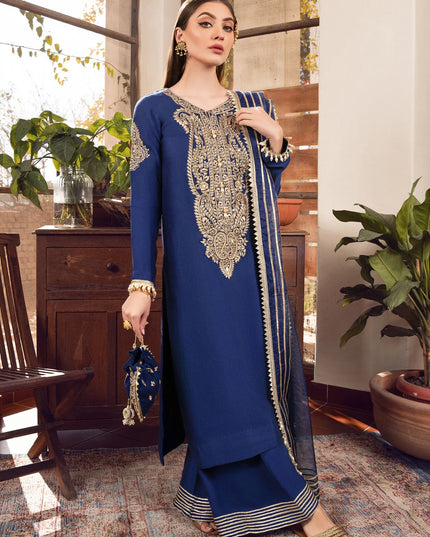 Sonia | Blue Khaddi Silk Embroidered Suit